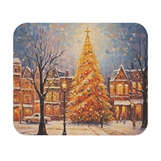 Impressionistic painting of a snow-covered village square with a decorated Christmas tree.