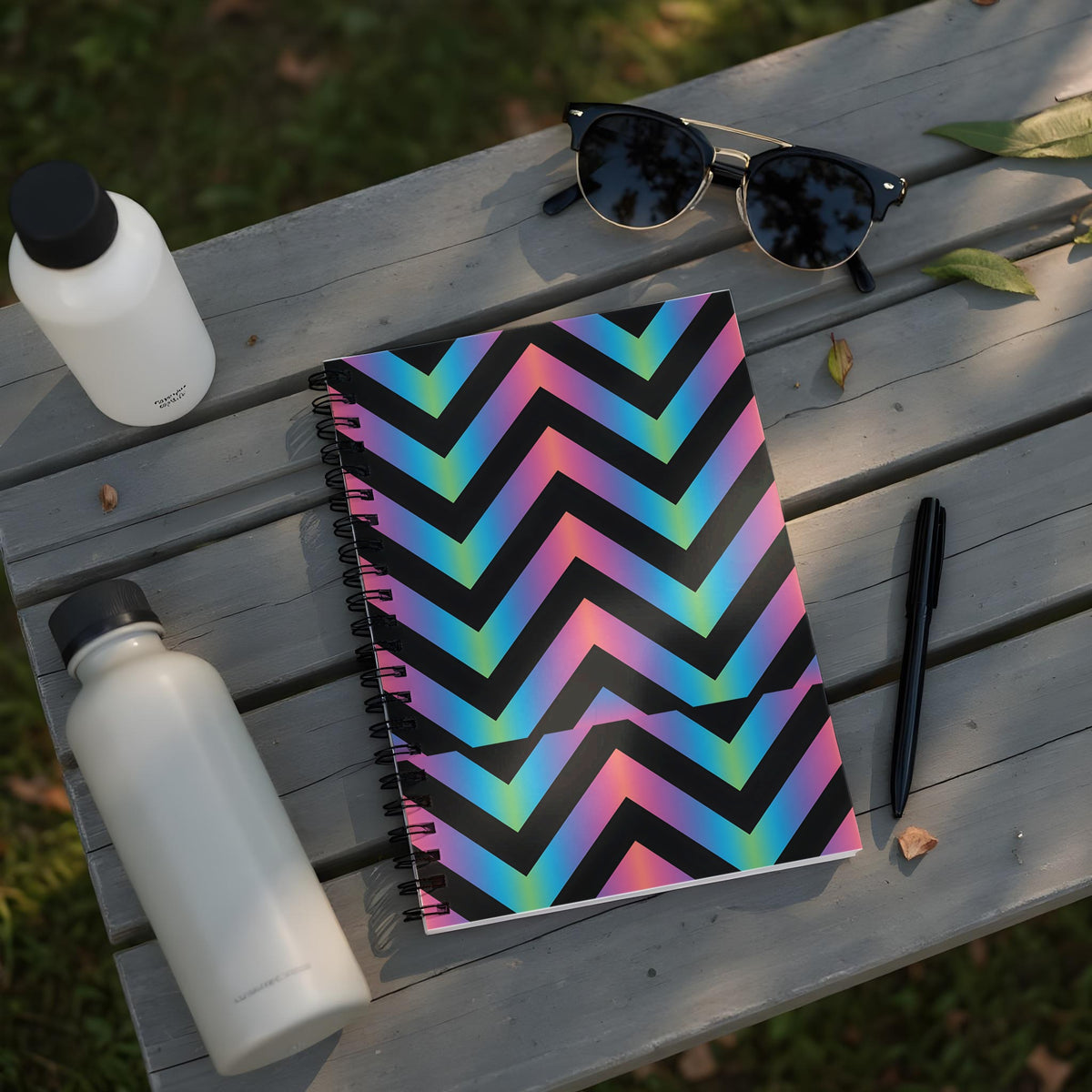 Spiral notebook with black, iridescent chevron pattern and black spiral binding.