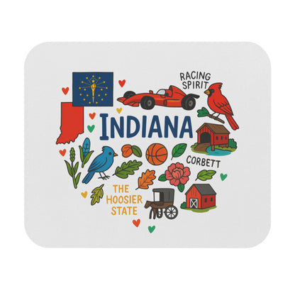 Indiana state outline with flag, racing car, birds, barn, and "The Hoosier State" text.