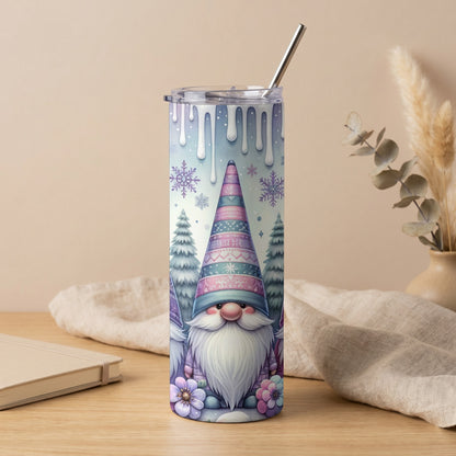 Tall tumbler with cute gnomes, snowflakes, and dripping icing design.