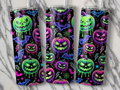 Three tumblers with a repeating pattern of neon-colored jack-o'-lanterns, bats, and lightning bolts.