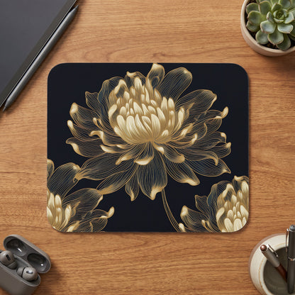 Dark mousepad with gold line art of a chrysanthemum flower and buds.