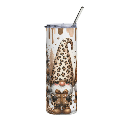 Tumbler with leopard print gnome, Christmas trees, and falling snow design.