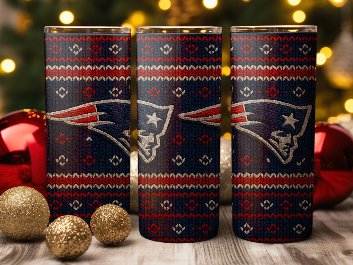 Three New England Patriots tumblers with a navy, red, and white knitted holiday design.