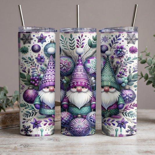 Three tumblers with gnomes, ornaments, and floral patterns in purple and green.