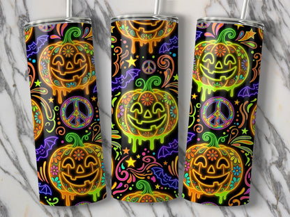 Neon jack-o'-lantern and peace sign Halloween pattern on tumblers.
