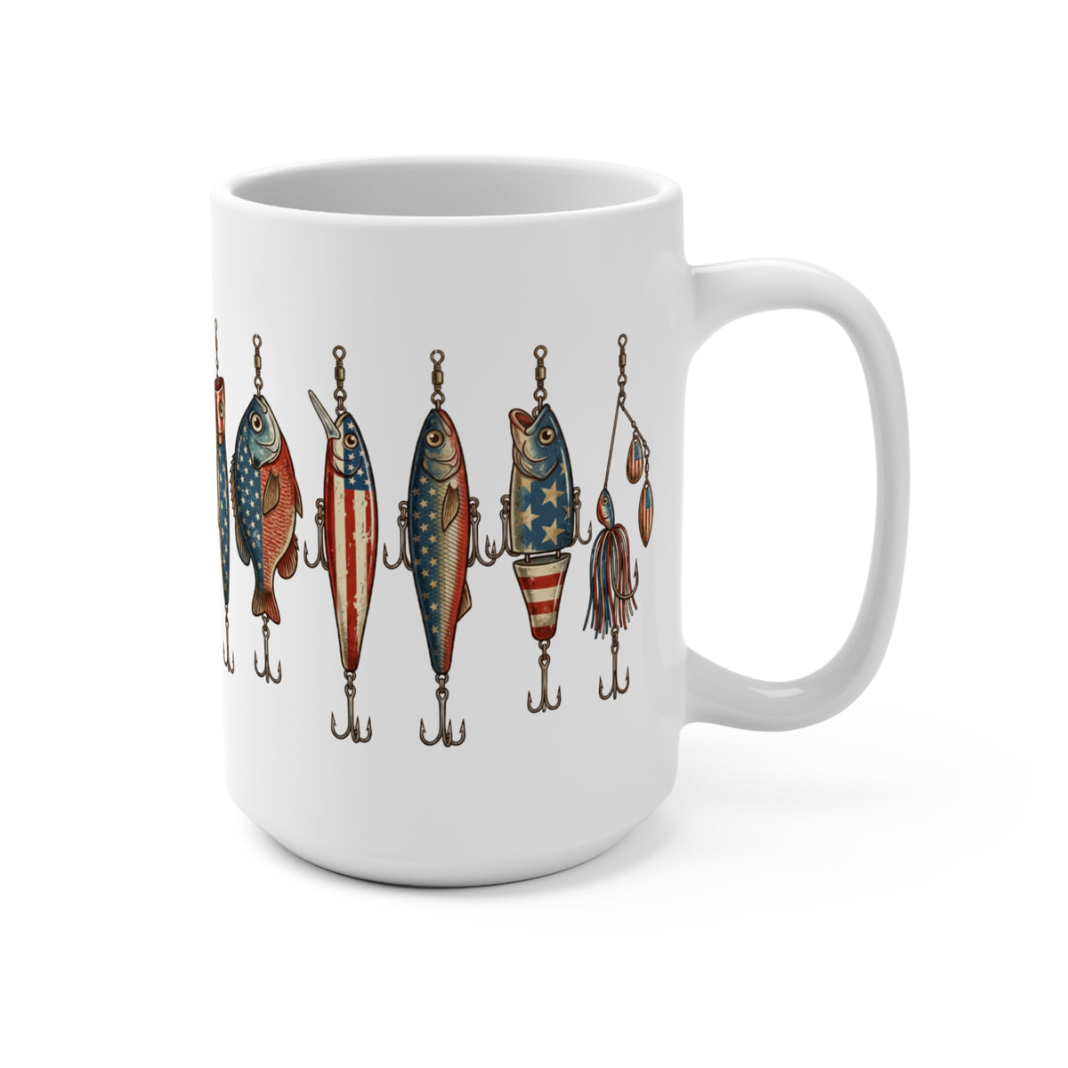 White mug with a repeating pattern of American flag-themed fishing lures.