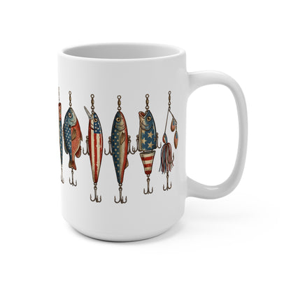 White mug with a repeating pattern of American flag-themed fishing lures.