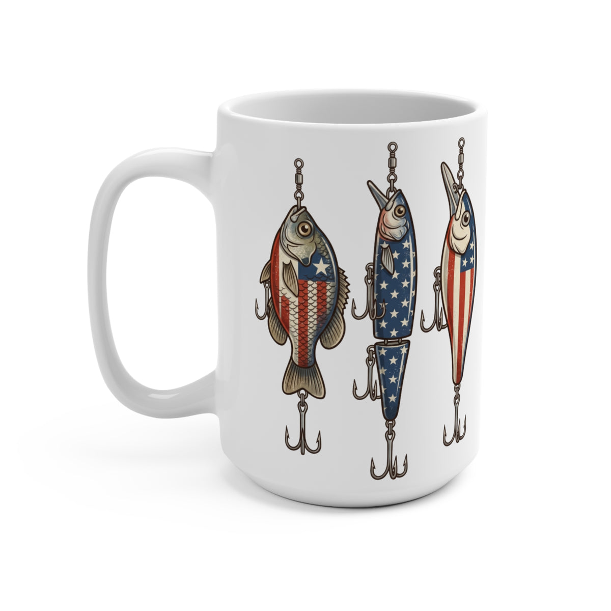 White mug with three patriotic fishing lures hanging from it.