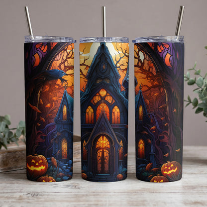 Halloween tumblers with spooky castle, raven, and jack-o'-lanterns design.