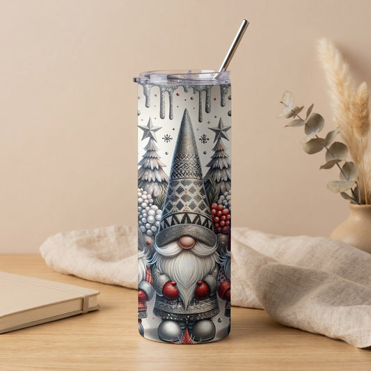 Tall tumbler with a festive gnome and winter trees pattern.