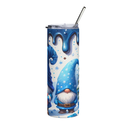 Tall tumbler with blue gnomes and snowflakes, featuring a stainless steel straw.