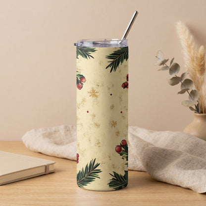 Yellow tumbler with holly, berries, and snowflakes.