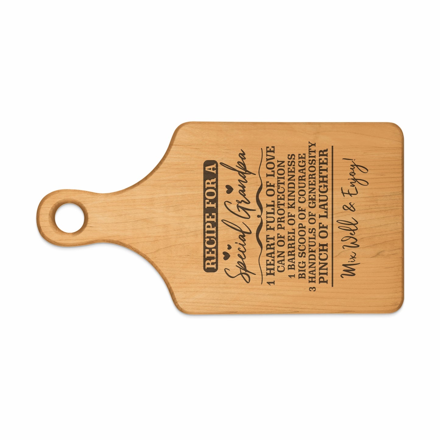 Wooden cutting board with "Recipe for a Special Grandpa" and ingredient list.