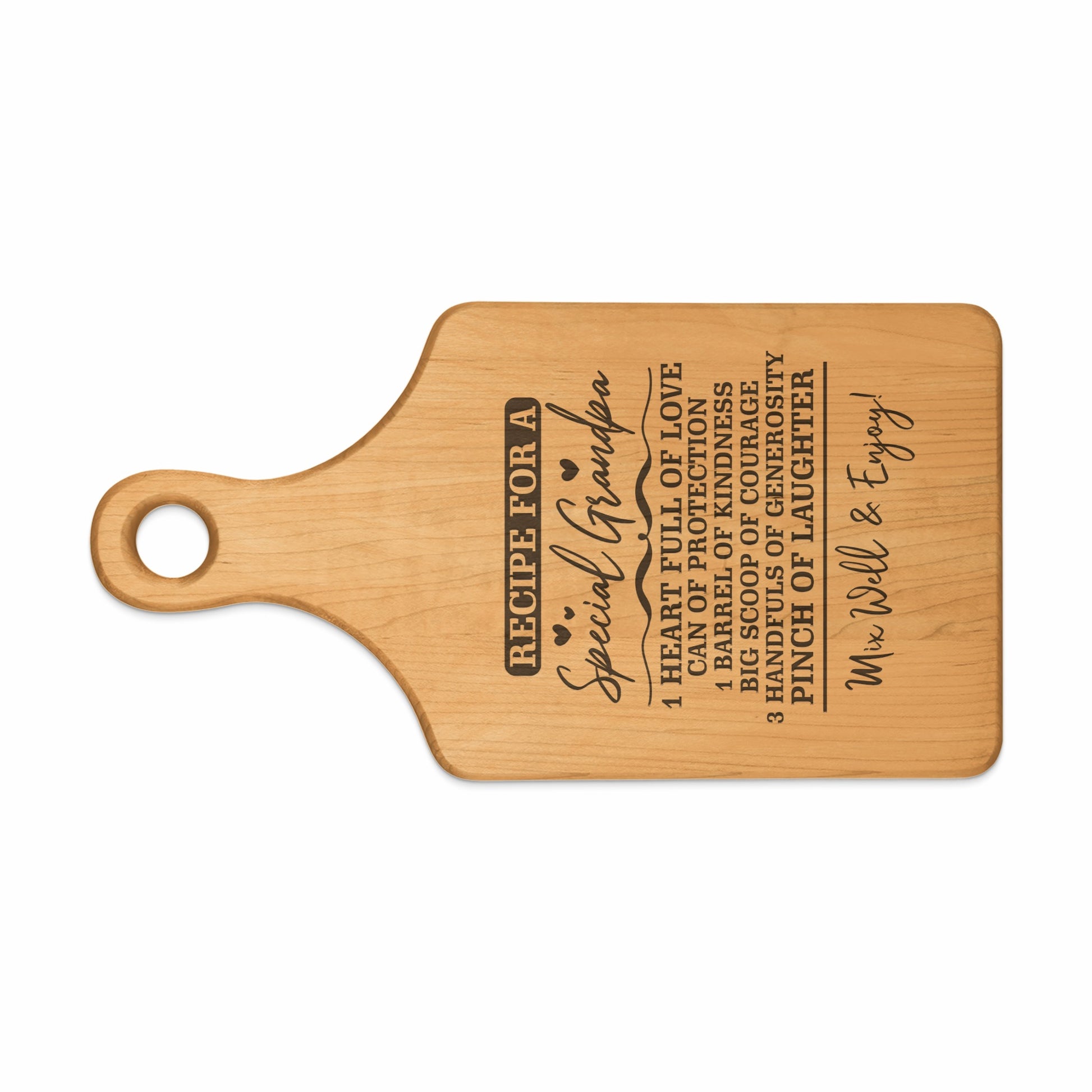 Wooden cutting board with "Recipe for a Special Grandpa" and ingredient list.