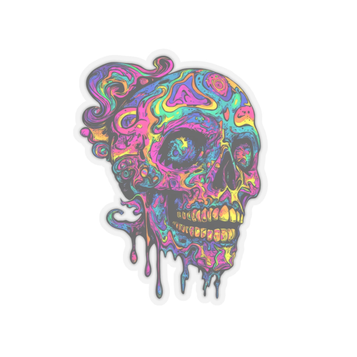 Colorful, melting skull with psychedelic patterns and drips.