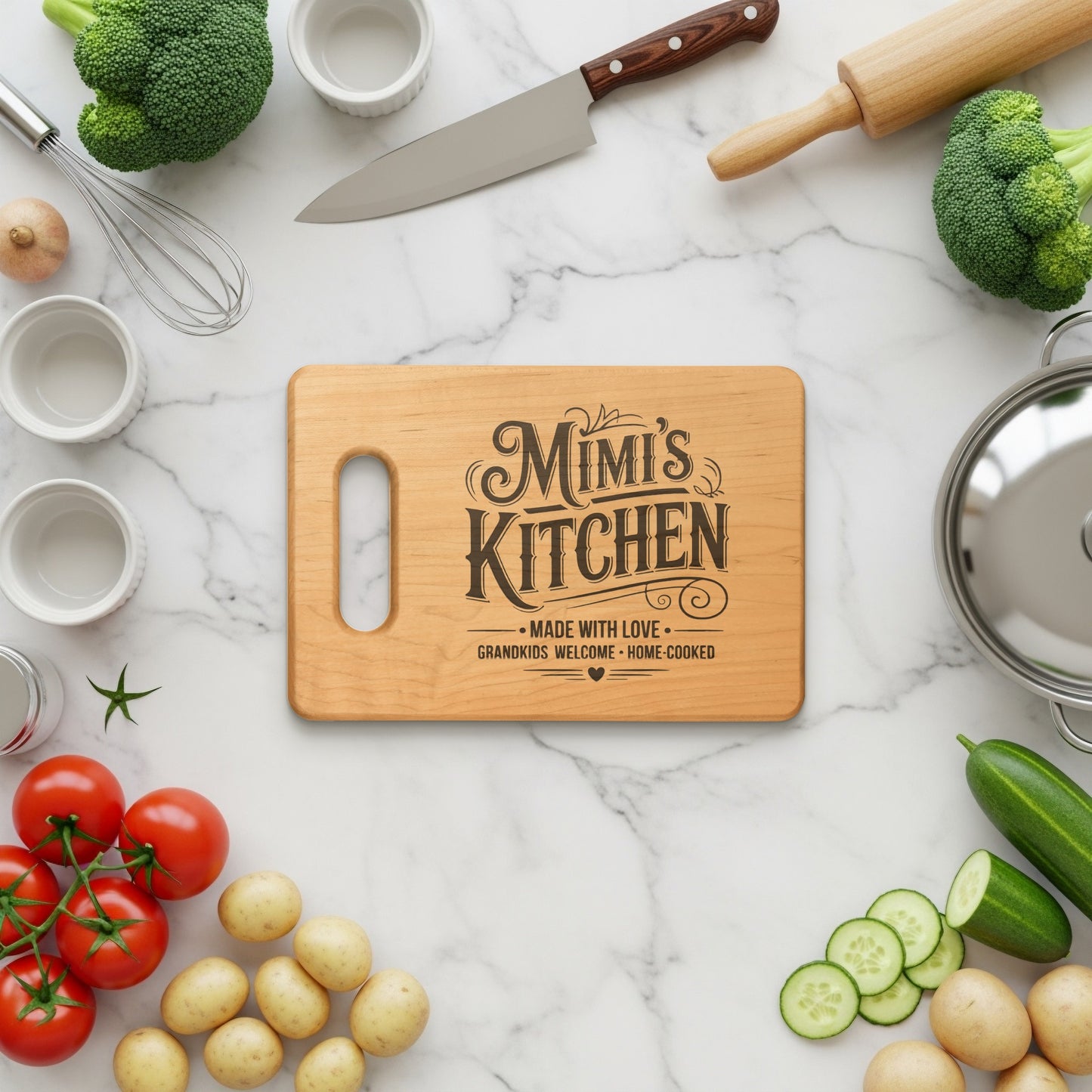 Wooden cutting board with "Mimi's Kitchen" engraved, surrounded by fresh vegetables.