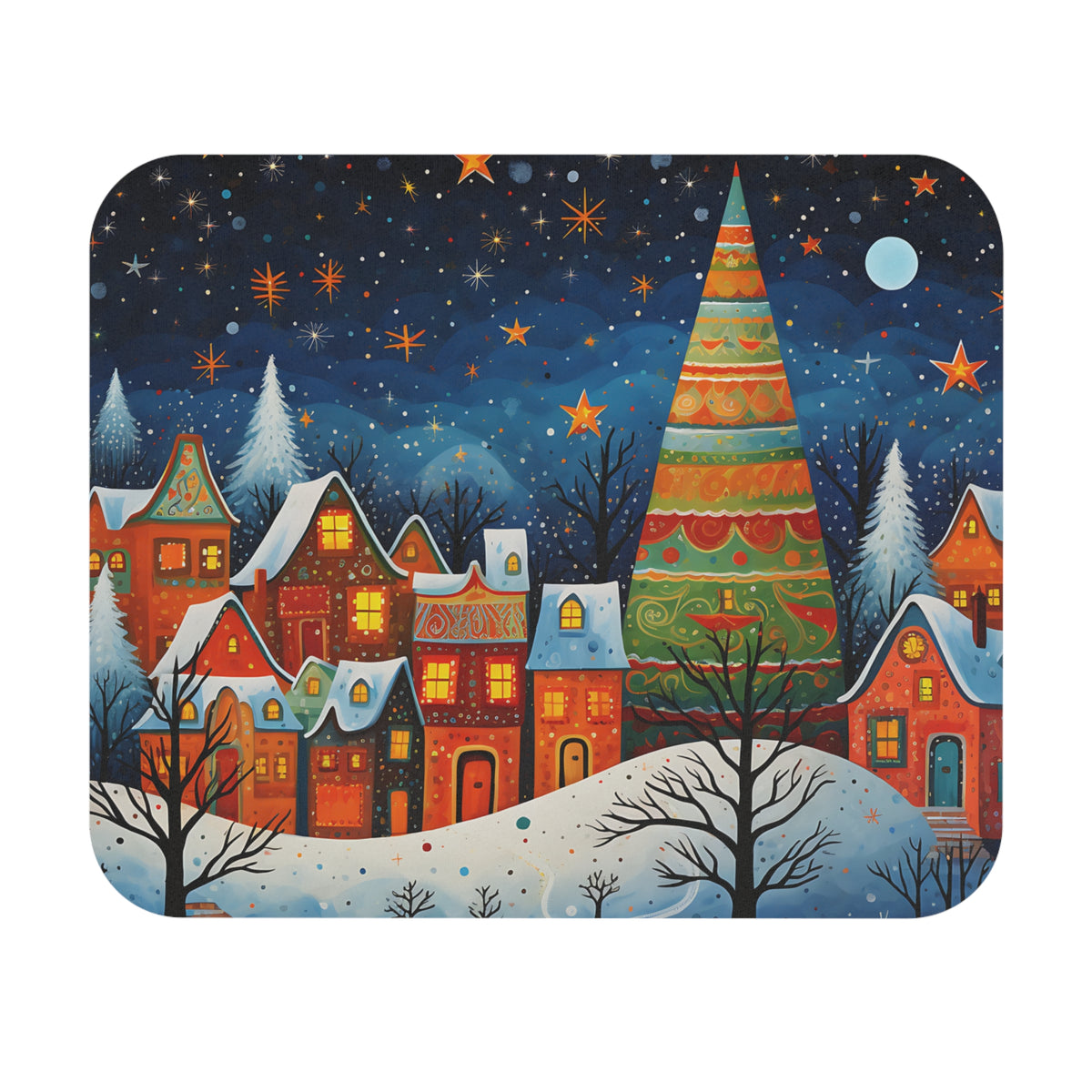 Whimsical Christmas village scene with colorful houses, snow, and starry night sky.