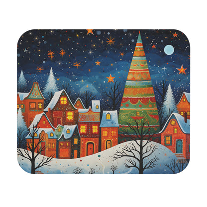 Whimsical Christmas village scene with colorful houses, snow, and starry night sky.
