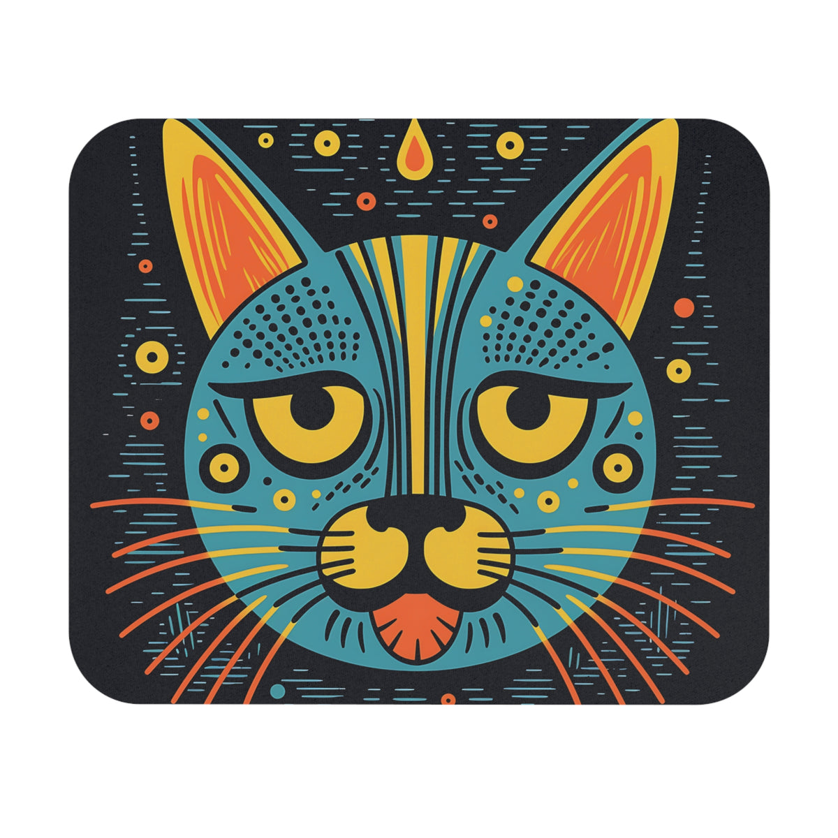Stylized blue cat face with yellow eyes, orange ears, and colorful whiskers on a dark background.
