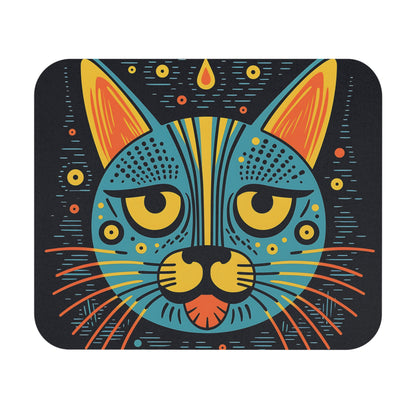 Stylized blue cat face with yellow eyes, orange ears, and colorful whiskers on a dark background.