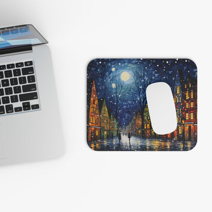 Mousepad with painting of a colorful, snowy cityscape at night under a full moon.