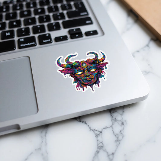 Colorful, dripping demon face sticker with glowing eyes on a laptop keyboard.