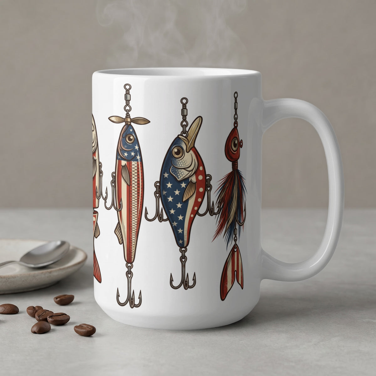 White mug with patriotic fishing lures and steam rising.