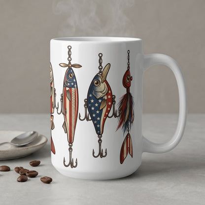 White mug with patriotic fishing lures and steam rising.