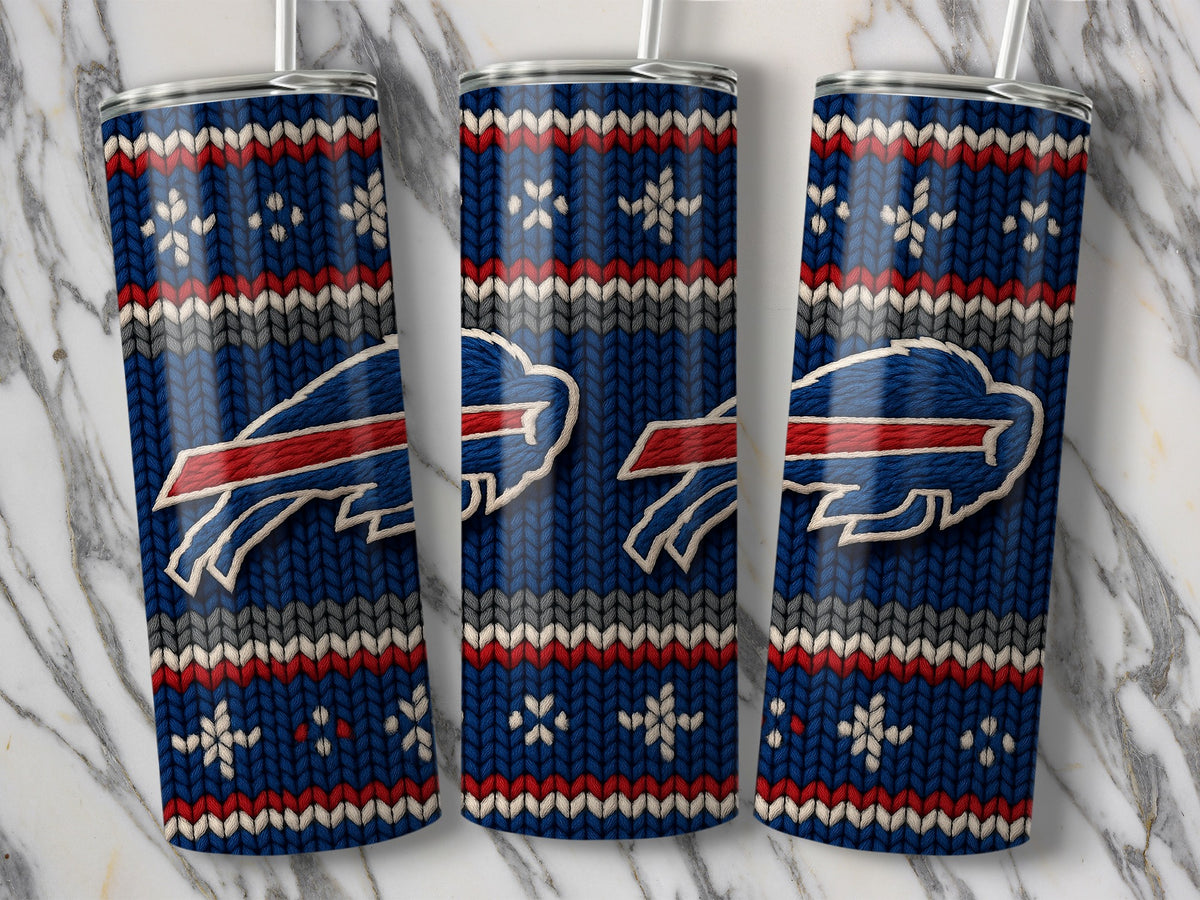 Buffalo Bills tumbler with a blue, red, and gray knit pattern and snowflake accents.