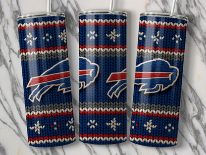 Buffalo Bills tumbler with a blue, red, and gray knit pattern and snowflake accents.
