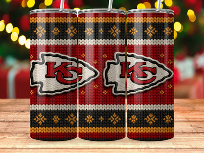 Three tumblers with a Kansas City Chiefs logo and a red, black, and gold knit pattern.