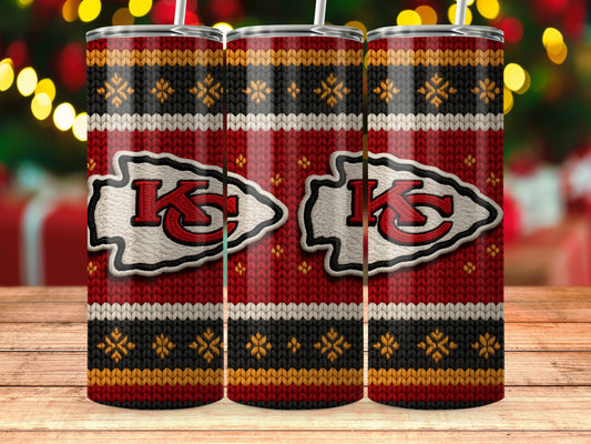 Three tumblers with a Kansas City Chiefs logo and a red, black, and gold knit pattern.