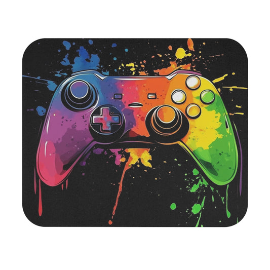 Video game controller with colorful paint splatters on black background.