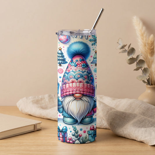 Tumbler with a festive gnome and holiday design, featuring a metal straw.