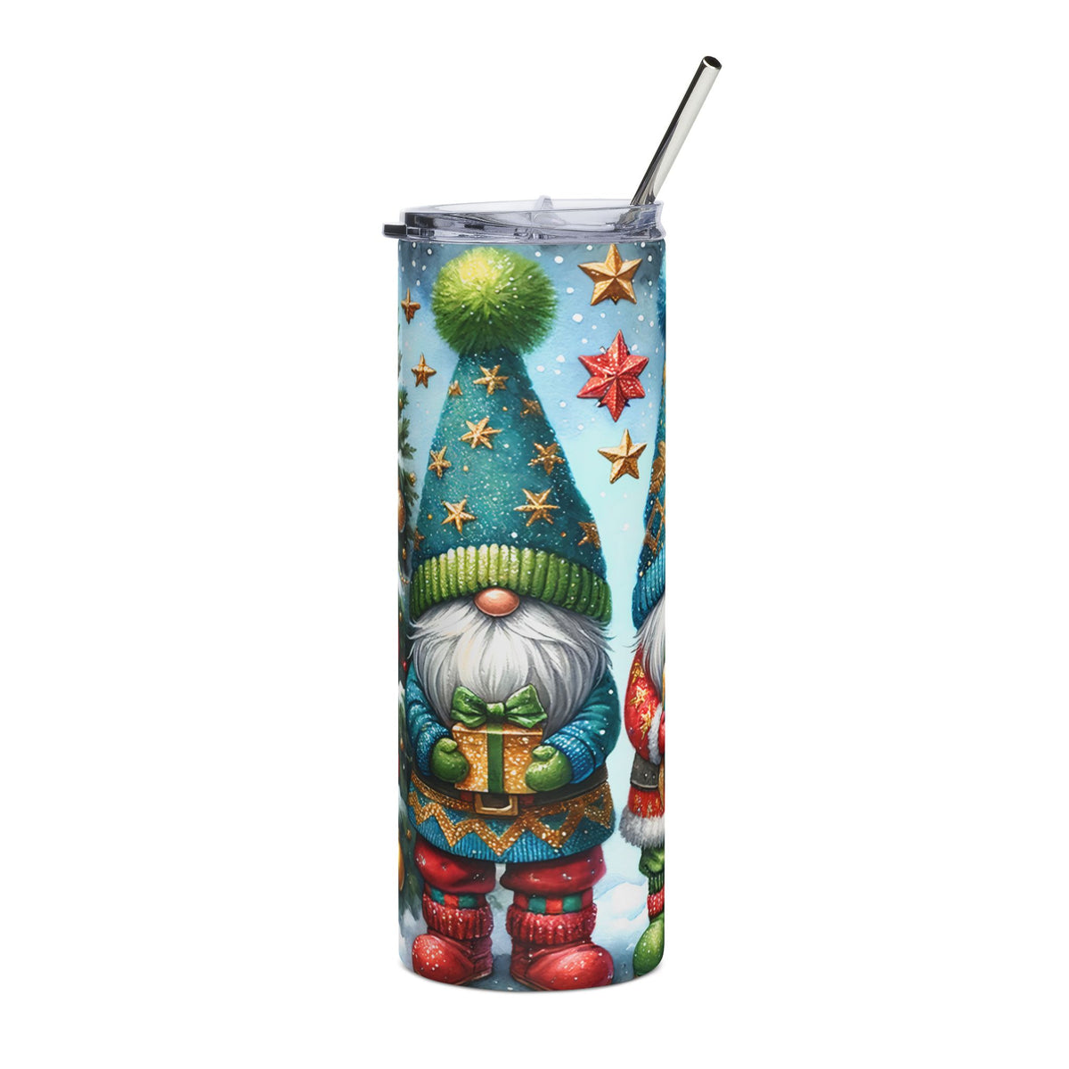 Tumbler with a holiday gnome and gift design, featuring a metal straw.