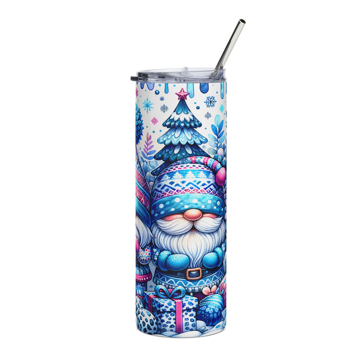 Tumbler with gnomes, Christmas tree, snowflakes, and gifts design.