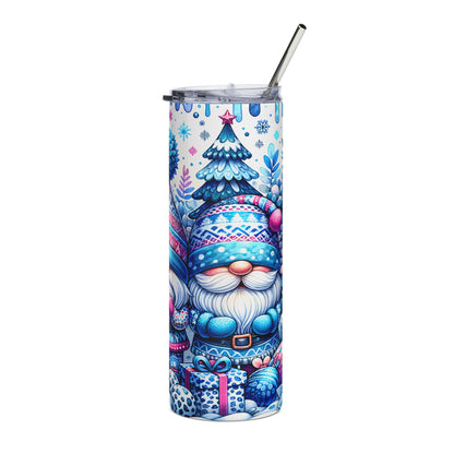 Tumbler with gnomes, Christmas tree, snowflakes, and gifts design.