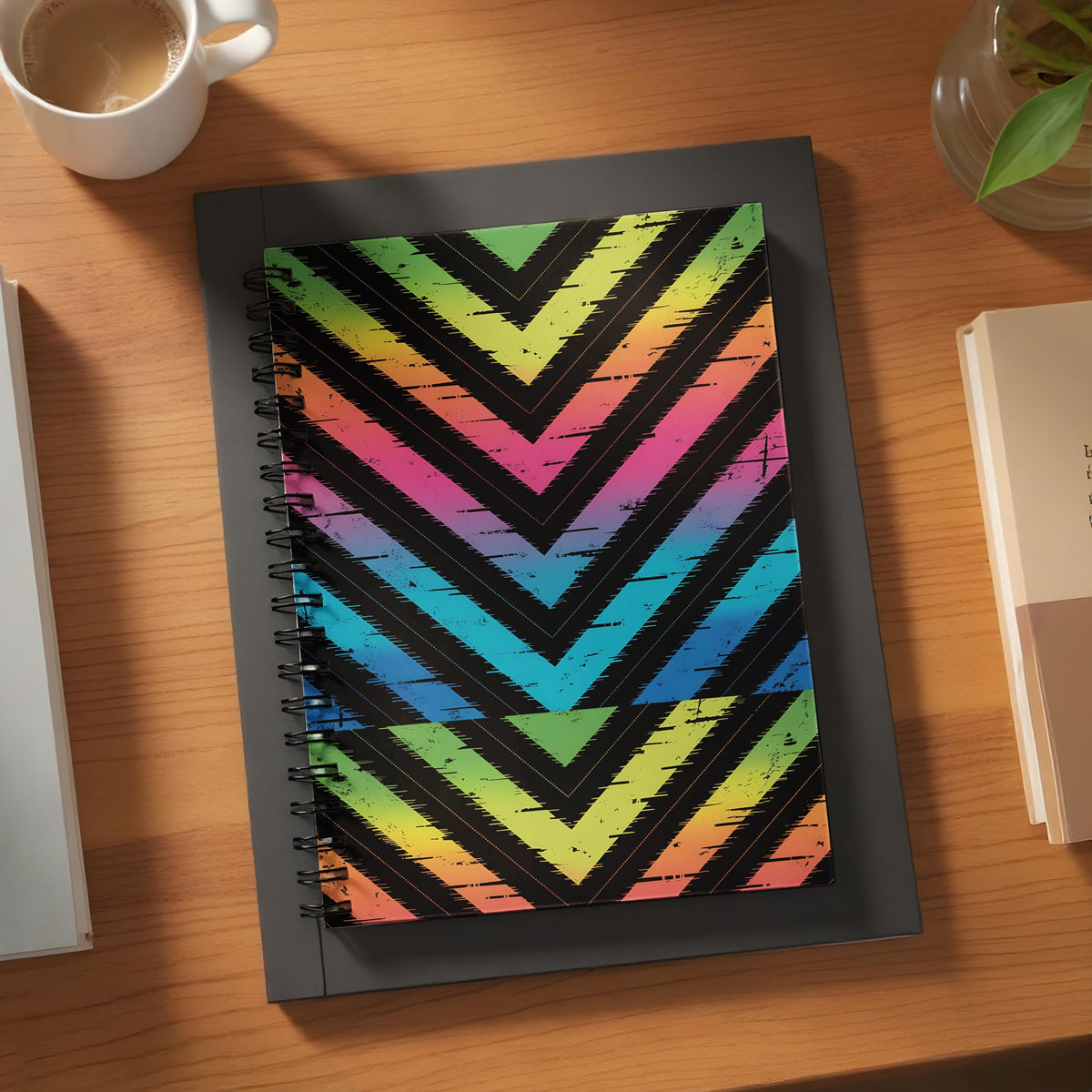 Spiral notebook with black background and chevron pattern in rainbow colors.
