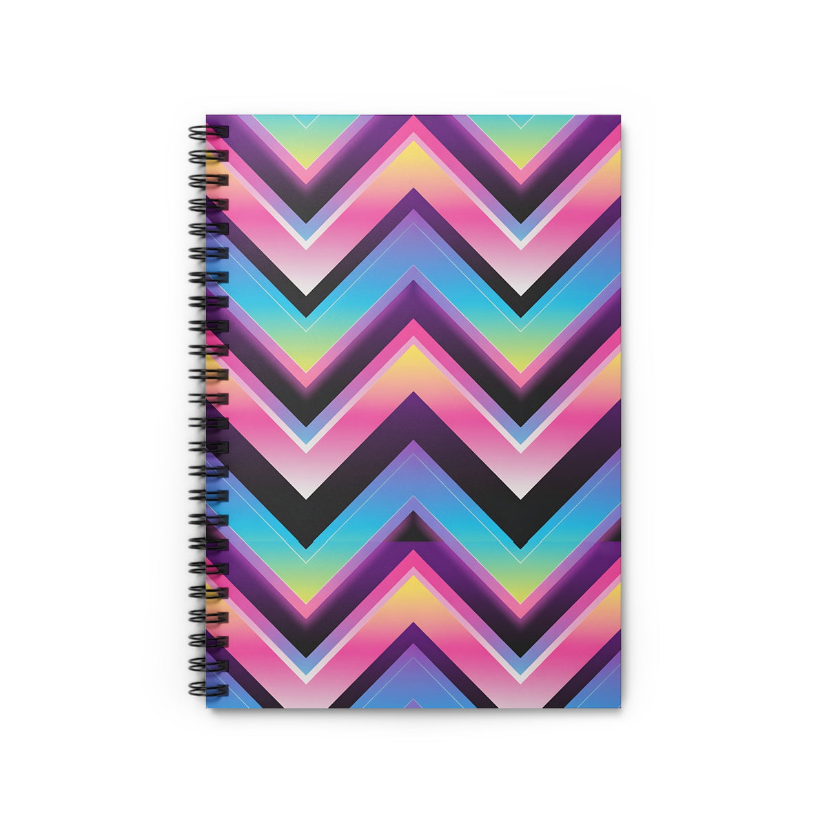 Spiral-bound notebook with a vibrant, abstract chevron pattern in rainbow gradient colors.