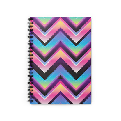 Spiral-bound notebook with a vibrant, abstract chevron pattern in rainbow gradient colors.