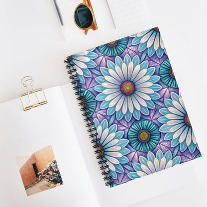 Spiral notebook with blue, purple, and white floral mandala design.