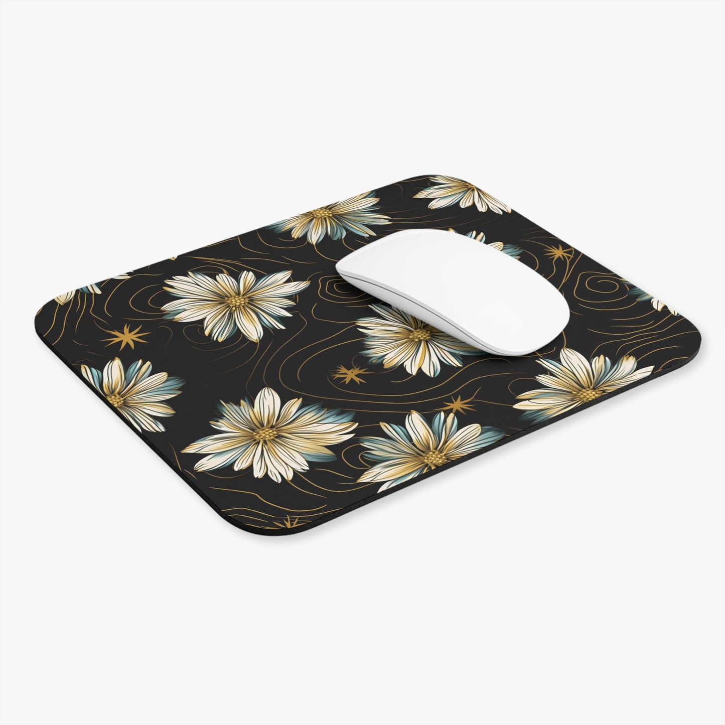Mousepad with a black background and a gold and teal daisy floral pattern.