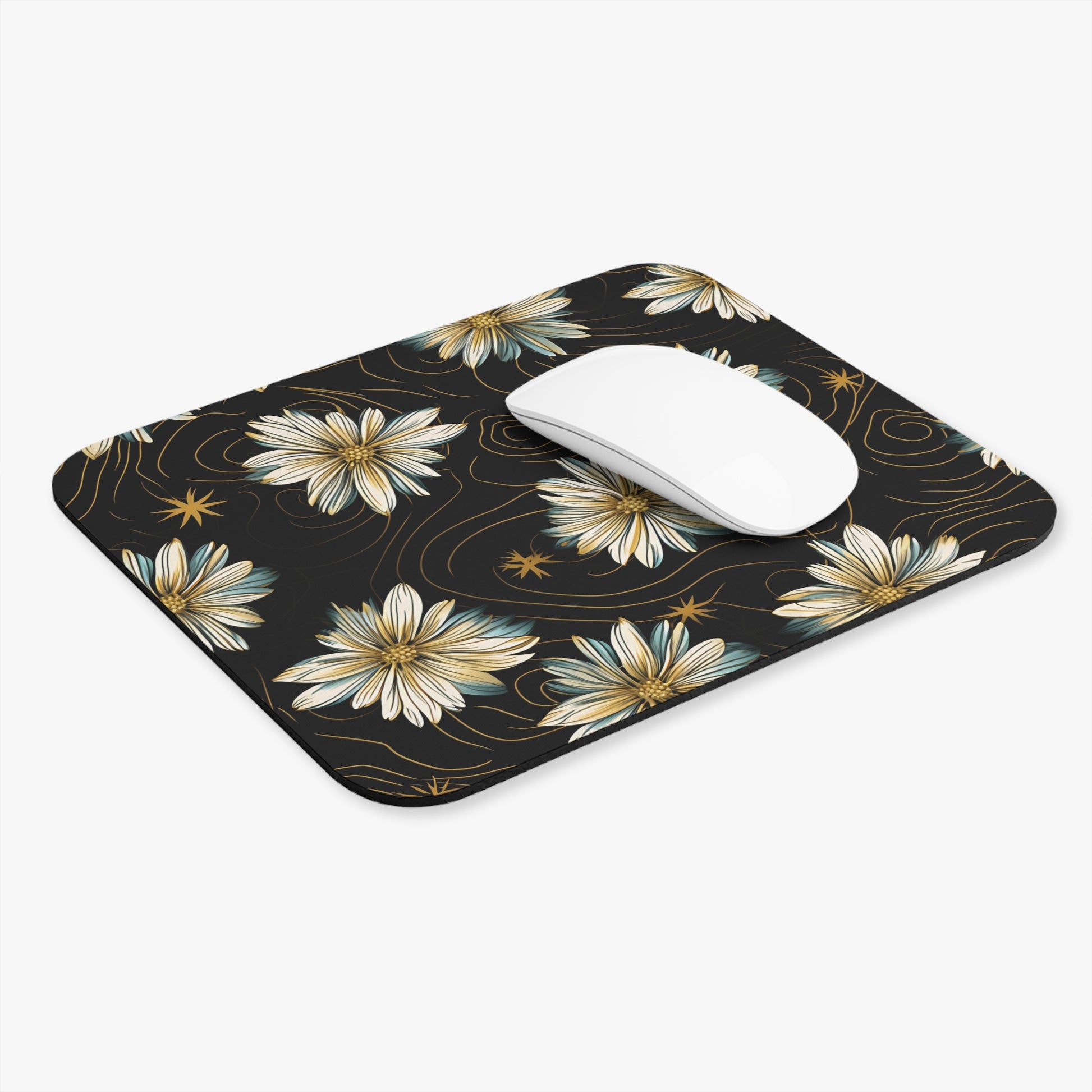 Mousepad with a black background and a gold and teal daisy floral pattern.