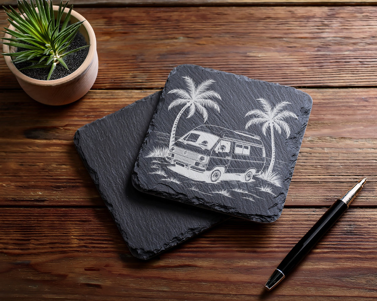 Slate coaster with etched image of a van and palm trees.