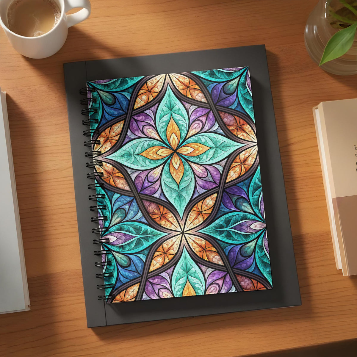 Spiral bound notebook with a colorful stained glass floral pattern cover.