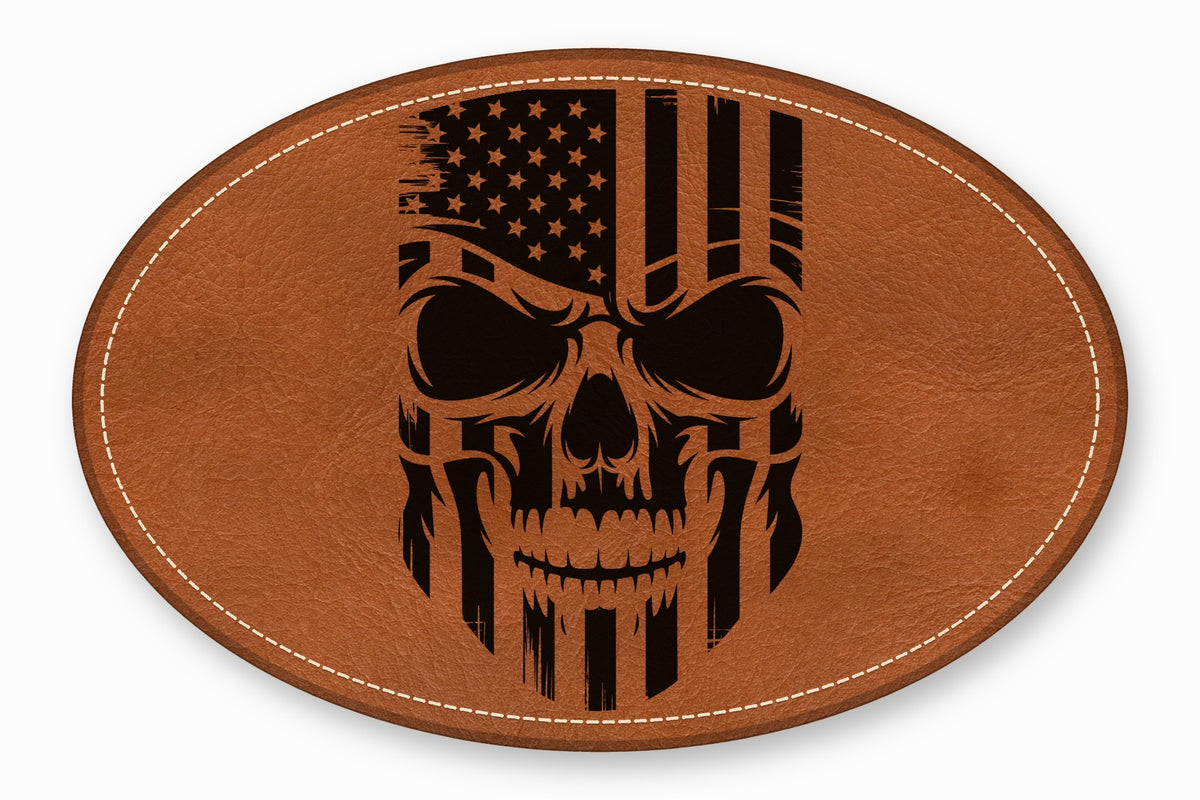 Oval brown leather patch featuring a black distressed skull and American flag design.