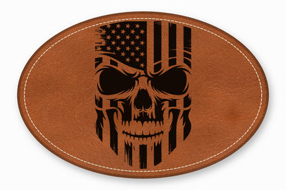 Oval brown leather patch featuring a black distressed skull and American flag design.