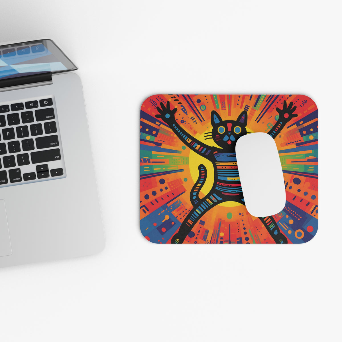Mousepad with abstract black cat and colorful radiating geometric pattern.