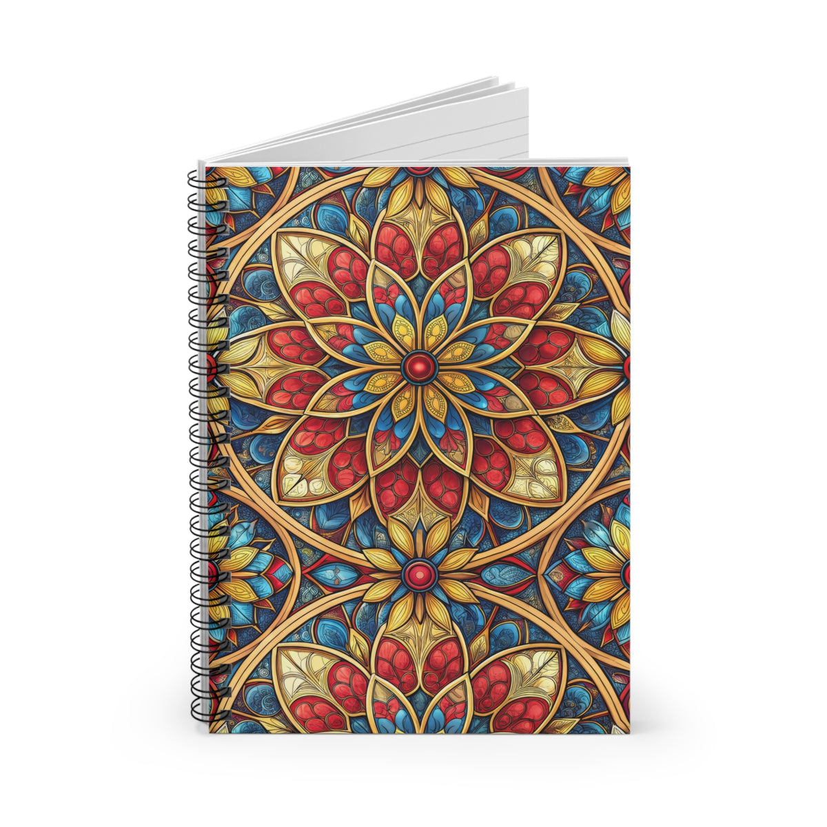 Spiral bound notebook with intricate stained glass floral pattern.